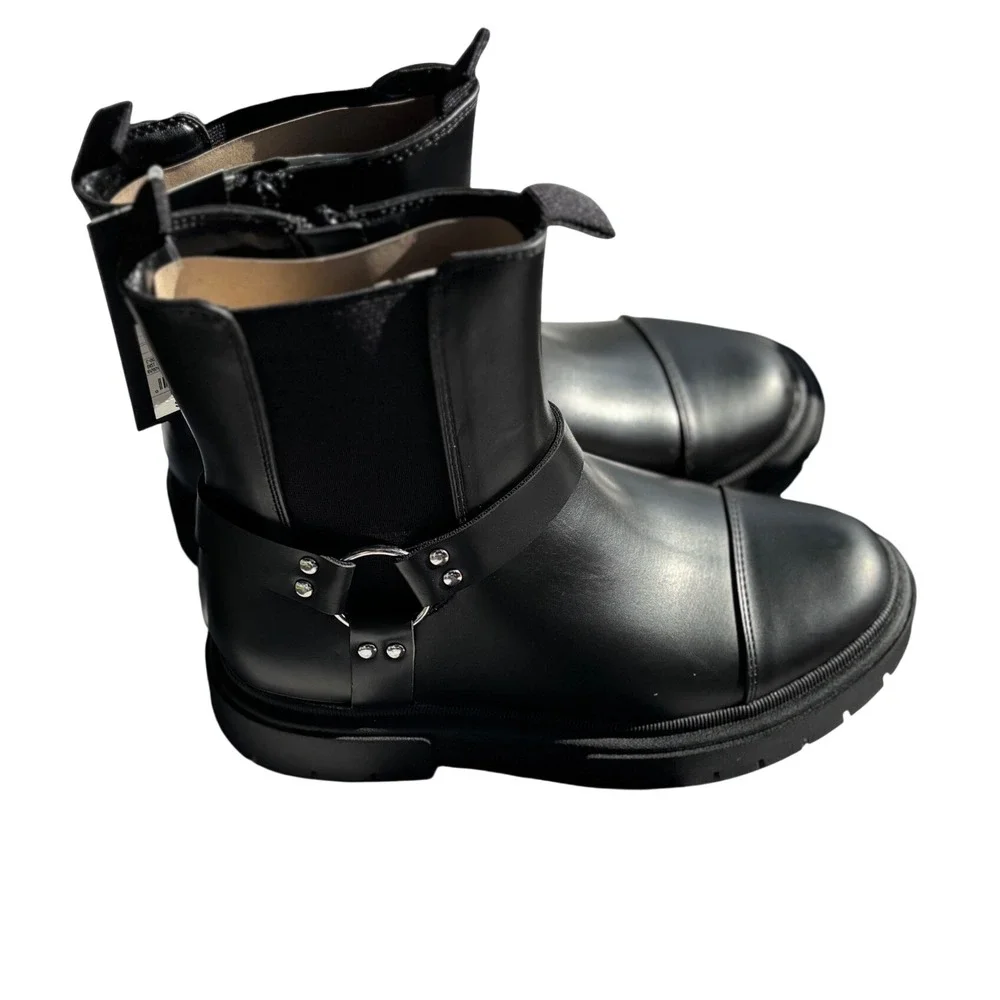Art Class Kids Black Harness Moto Boots Chunky Lug Sole Side Zip Size 3 NEW
